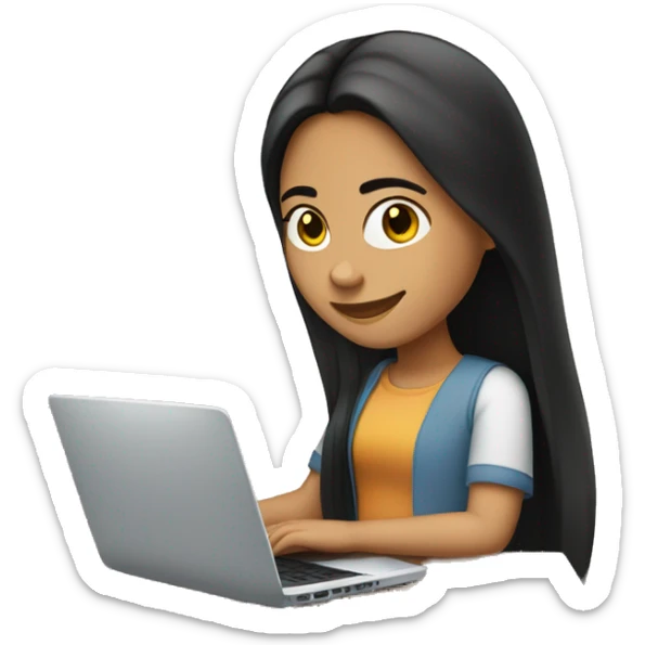 a hispanic girl with long black straight hair, tan skin, with her laptop, affiliative smile sticker