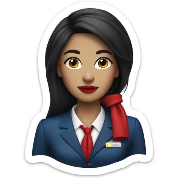Flight attendant with long black hair, red lips and a little blue scarf sticker