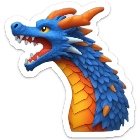 Un dragon mi loup de couleur rouge, bleu, blanc et orange moutardes, avec des corne de bélier orange moutard. Il qui crache du feux sticker