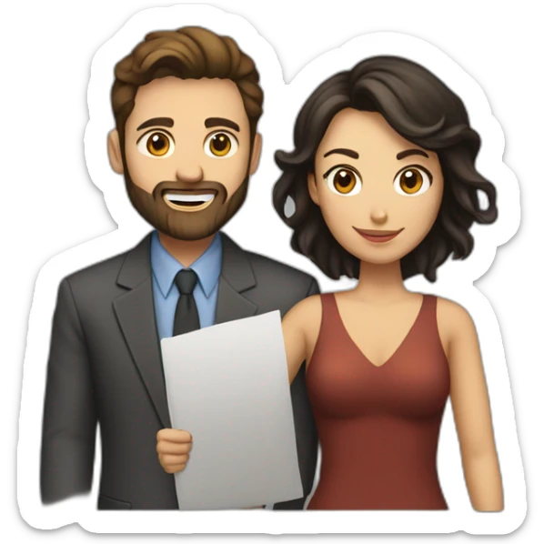 character couple with entrepreneurial man with straight brown hair and beard next to black-haired woman character sticker