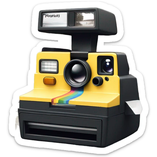 a polaroid camera in the moment when printing a picture of a sunny hill, just te object itself sticker