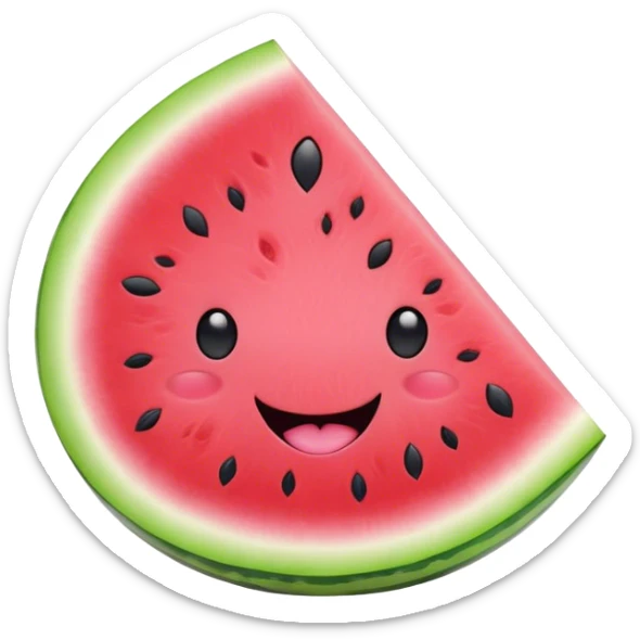 Cute Kawaii Watermelon Slice, juicy and vibrant, soft pastel green rind with pink flesh, tiny black seeds shaped like hearts, an adorable happy face with cute round eyes, bursting with summer energy! sticker