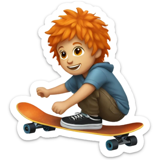a small boy with orange hair riding a skateboard with a peace sign  sticker