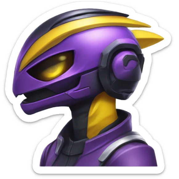 a shiny black-purple-yellow Genesect-Raptor-Fakémon—hybrid with a futuristic visor-helmet full bod sticker