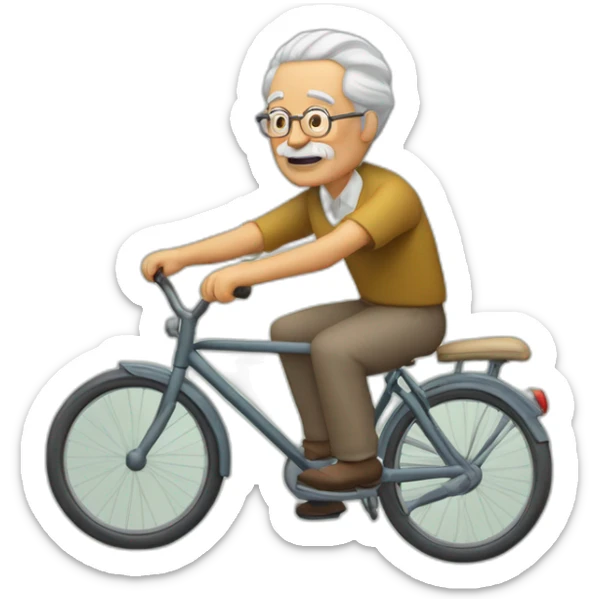 Abuelo sin barba con boina en la cabeza pedaleando con una bicicleta antigua de paseo con cara de cansado. sticker