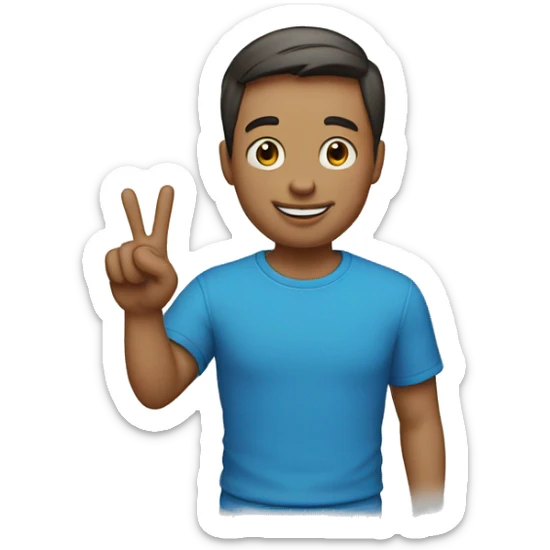 A portrait of a man with a short middle part haircut holding the peace sign and he is happy and he has a blue t shirt sticker