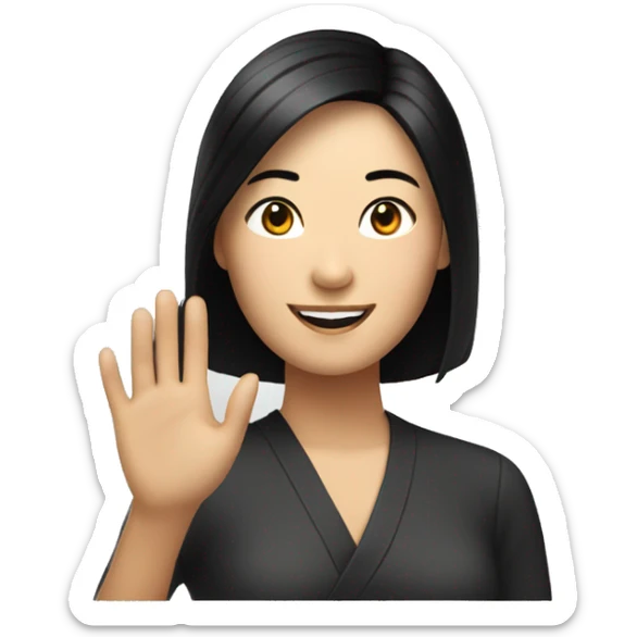 A smiling Asian woman with black bobbed hair raising one hand. sticker