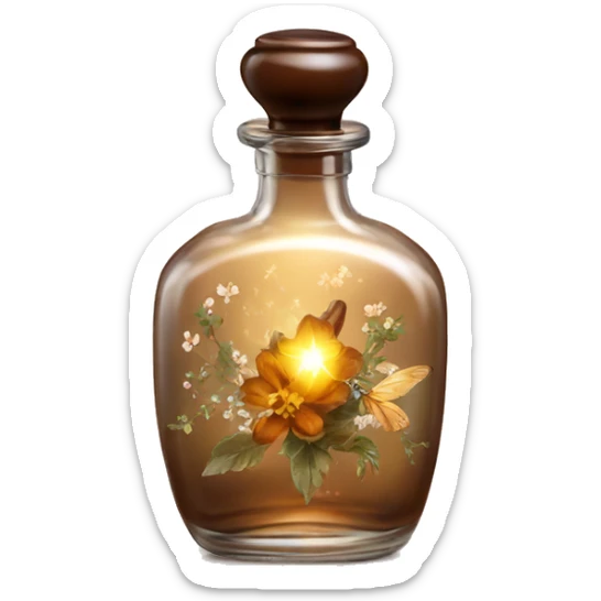 Brown magic fairy light sparkling old Antique oil perfume bottle with herbal and flowers sticker