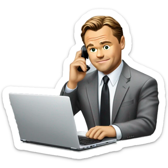 Leonardo di Caprio from Wolf of Wall Street taking a sales call on his laptop sticker