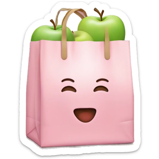 An emoji of a grocery bag in pastel pink with the Apple logo sticker