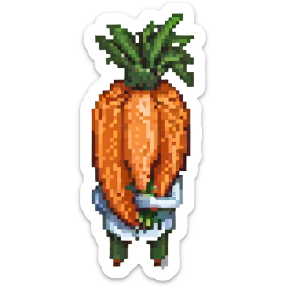 A person from the Roblox game Grow a Garden, who is a seller holding a carrot sticker