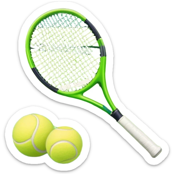 A tennis racket and a ball placed on a grassy court, with the net visible in the background. The scene captures the elegance and energy of the sport, with a vibrant green court and soft sunlight highlighting the equipment. sticker