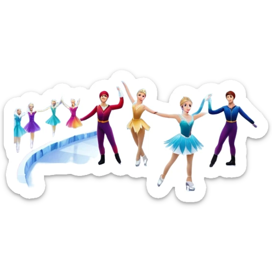An icon of a theatrical ice show with close-up costumed figure skaters performing a dramatic scene on a glowing ice stage. Spotlights, colorful scenery, and a cheering audience in a grand arena convey the magic and artistry of the ice performance. Transparent background included. sticker