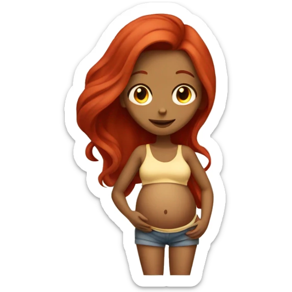 Tan girl with long red hair holding pregnant belly sticker