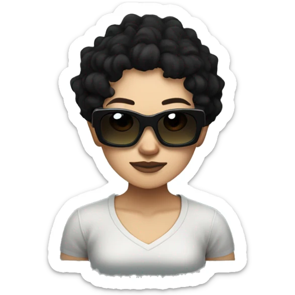 an asian woman with curly dark hair with creeper minecraft sunglasses and nose piercing in black t-shirt sticker