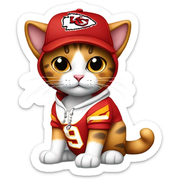 Calico cat wearing KC chiefs hoodie and chiefs ball cap sticker