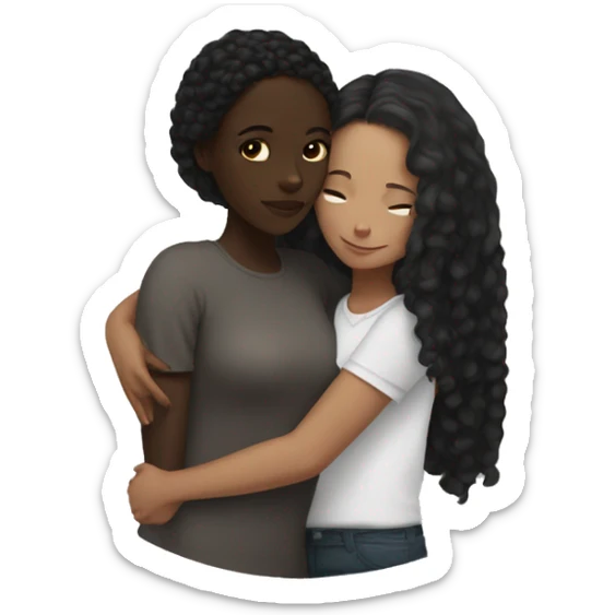 Black girl with dark brown hair hugging a white girl with black hair  sticker