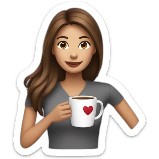 a woman with brown medium long straight length hair parted on side holding a coffee cup with a heart  sticker