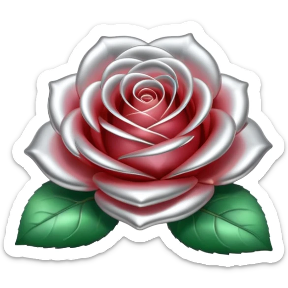 A rose emoji made of liquid silver metal, smooth metallic petals, reflective chrome surface, soft gradients, elegant shape, minimalistic iOS emoji style, centered, clean white background, realistic highlights, no text sticker