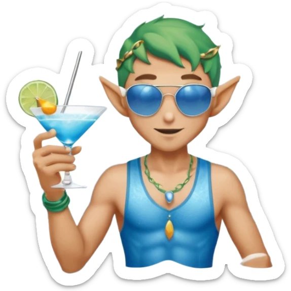 elf male in stylish blue swim trunks, palm extended over cocktail glass, conjuring swirling frost and mist to chill it, silver aviator sunglasses, pointy ears, confident smirk, minimalist beach bar backdrop, centered emoji, summer magic sticker
