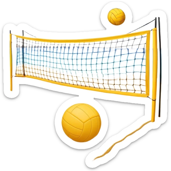 The scene captures the relaxed yet competitive vibe of beach volleyball, with warm sunlight and the natural beauty of the beach. A volleyball resting on the yellow sand on a beach, with the net in the background and a scenic view of the ocean and sky.  sticker