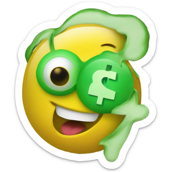 a yellow face with dollar signs for eyes and a green tongue sticking out with a dollar sign on it. sticker