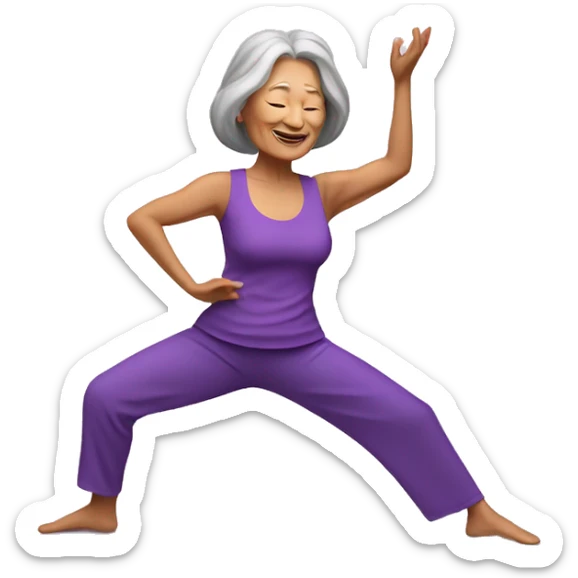 Long hair Asian senior woman in purple yoga cloth dancing Zumba sticker