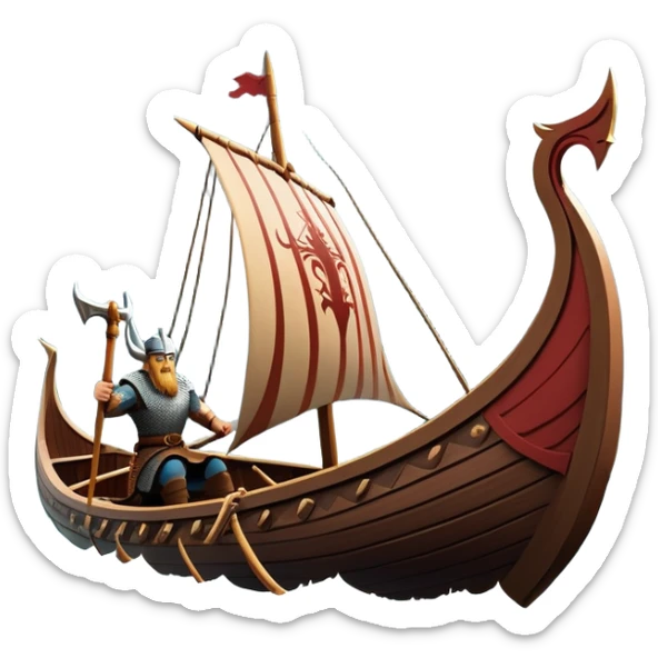 clash-of-clans-aesthetic_-cinematic-viking-longboat, rendered in a flat, bold vector style with minimal shading, featuring a striking dragon-headed prow slicing through waters. shields on the side and vikings rowing The longboat’s, the boat has carved motifs evoke a sense of epic adventure and Nordic might, with billowing sails catching a dramatic, stormy sky backdrop. sticker
