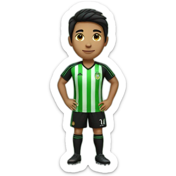 Soccer fan with short black hair wearing a jersey with black and green stripes sticker