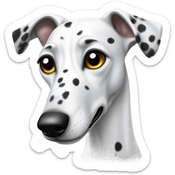 Create an emoji of a white greyhound dog with black spots, sticking its tongue out to the side. sticker