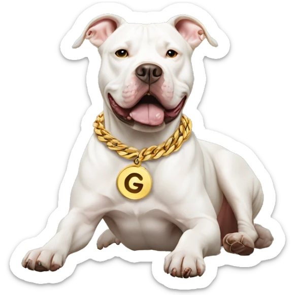 A dog pitbull and wearing big gold chain on that says G pendant  sticker