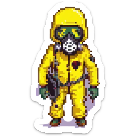 a zombie from the game DAYZ wearing a yellow hazmat suit with a black gasmask sticker