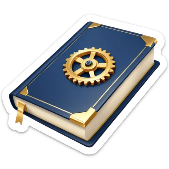 A navy blue book with gold details, metallic edges, and a golden gear with a chart with upward trend on the cover, radiating productivity, strategy, and success in motion- sticker