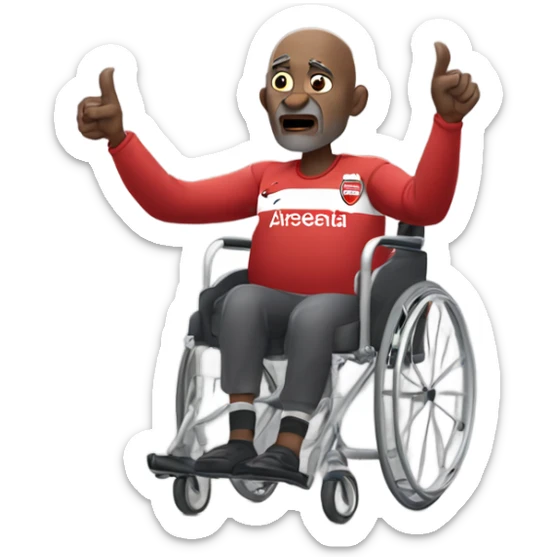 old black bald man with a round belly in wheelchair. angry face. grey stubble. he is pointing finger in front. wearing Arsenal soccer shirt. a speech bubble with the word: "Mojdeh!" sticker