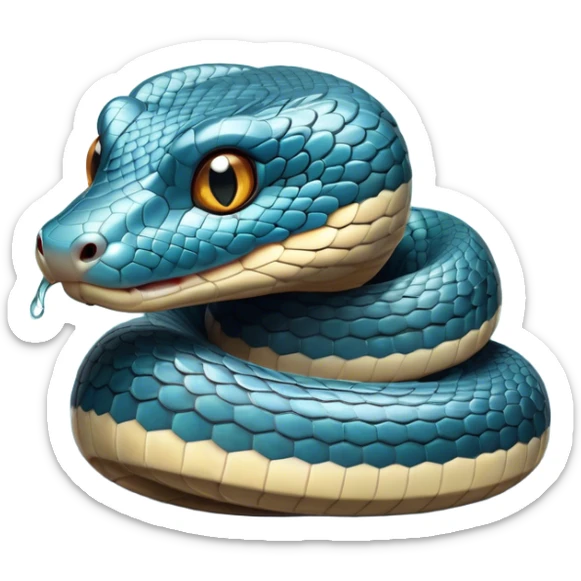 Cinematic Cute Chinese Water Snake Portrait Emoji, Head tilted playfully and inquisitively, with a compact, lithe form and a smooth, shimmering coat in subtle aquatic hues, round, sparkling eyes filled with curious fluidity, Simplified yet irresistibly adorable features, highly detailed, glowing with a warm, friendly glow, high shine, affectionate and agile, stylized with a touch of aquatic whimsy, soft glowing outline, capturing the essence of a mischievous yet loving water snake that feels like it could slither out of the screen into your arms! sticker