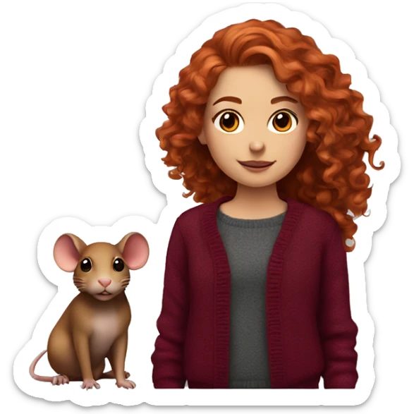 red-haired girl with long hair and curls styling in a burgundy sweater and a rat on her shoulder sticker