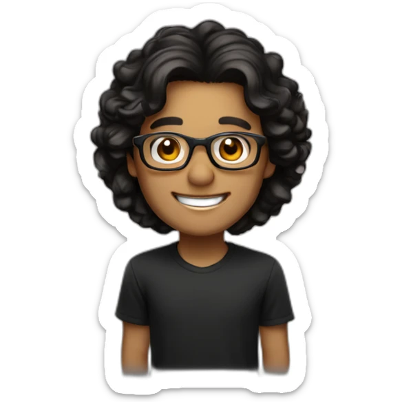 Caramel smiling man, dark brown eyes, black long wavy hair, no facial hair, thin and long nose, round glasses, black t shirt sticker