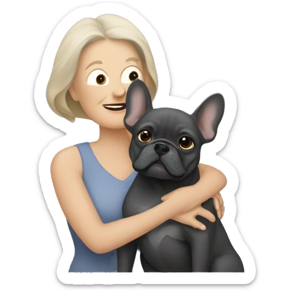 dark blonde older woman hugging dark gray french bulldog sticker