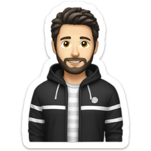 White Man with dark hair and beard, black and white stripped hoodie sticker