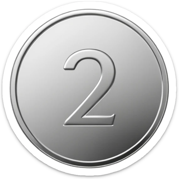 Emoji icon of a metal coin with engraved number 2, minimalist style, isolated, only metal color sticker
