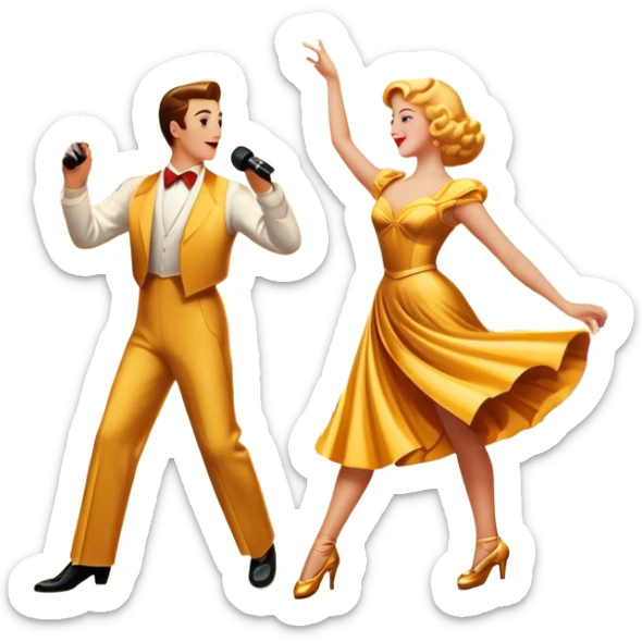 Vintage movie poster-style icon for a musical film. The cityscape glows in the background, evoking the golden era of musicals. A vibrant street scene with bright lights, dancers mid-step, a singer with a microphone. Transparent background. sticker