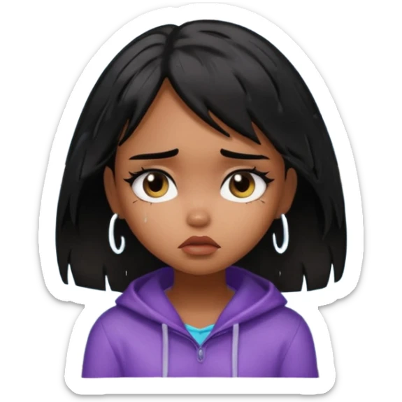 generate a pretty bratz brown skinned girl with messy black hair looking out of the rainy window, looking very sad sticker