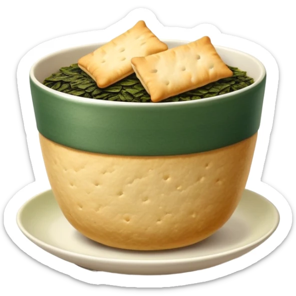 Japanese senbei rice cracker wrapped with sheet of nori seaweed, traditional snack served with green tea sticker