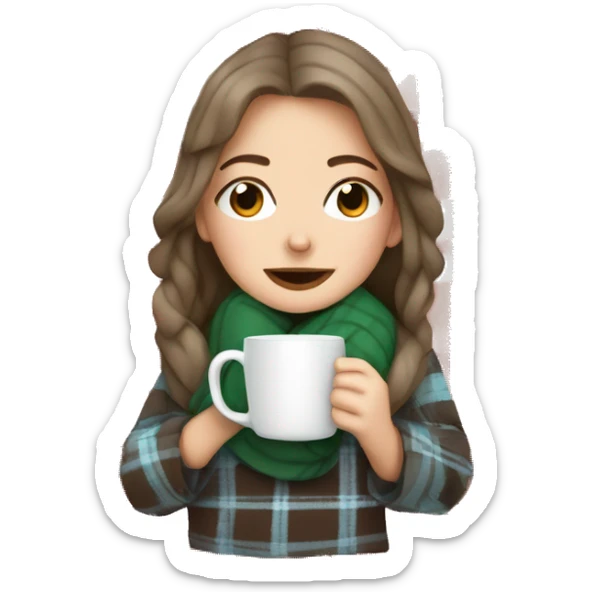 white girl wrapped in plaid blanket drinking hot chocolate out of a mug sticker