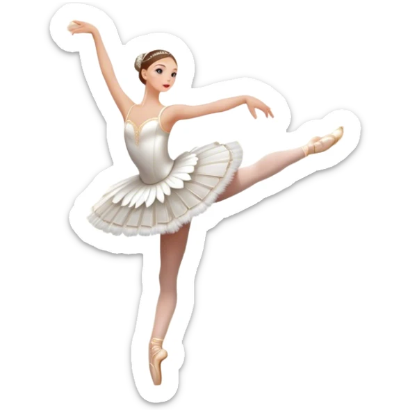Icon for Ballet: a scene from Swan Lake, with a ballerina in a white tutu performing an elegant pose, surrounded by dramatic stage lighting and swan motifs. The icon should evoke the grandeur of the Bolshoi Theater stage. Transparent background. sticker