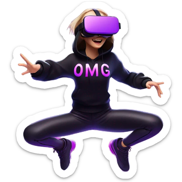 Russian girl wearing black hoody with violet letters "OMG", in vr headset oculus quest2. jumping. Cyberpunk style. Violet neon. sticker