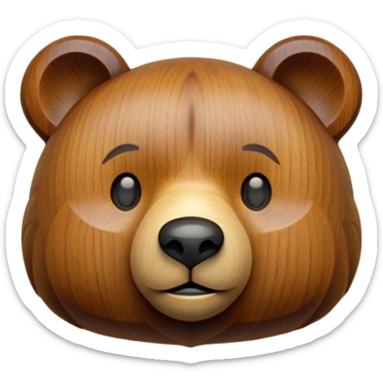A carved wooden bear toy emoji, made of warm oak with a smooth, polished finish. The bear has simple, rounded features with engraved details for eyes and nose, giving it a handcrafted, vintage look. The texture of natural wood grain is visible, adding authenticity. sticker