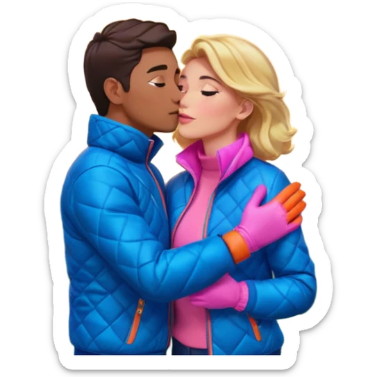 “Selfie romántica en la cima de una montaña verde, atardecer intenso naranja y dorado iluminando el cielo con nubes dramáticas, cordillera al fondo, pareja abrazada y besándose, chaqueta azul acolchada, guantes rosados, paisaje natural abierto y mágico. sticker
