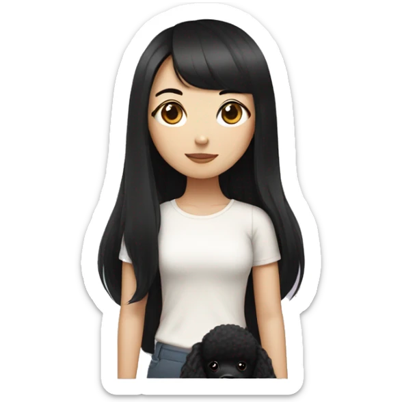 One Korean girl with black long straight hair with one black poodle sticker
