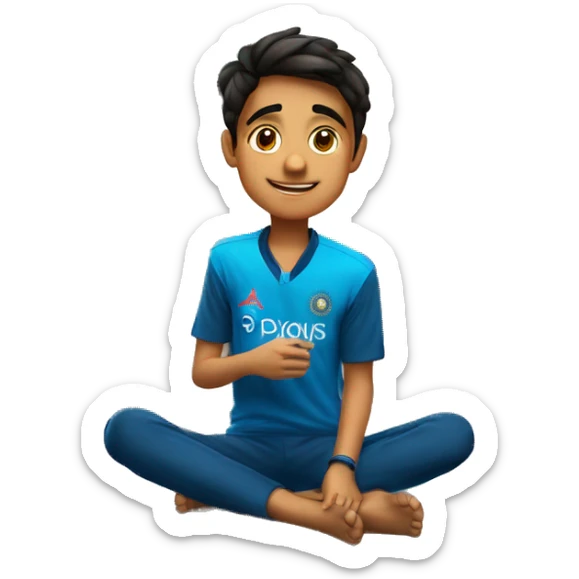 a teenage boy sitting in his room and watching Indian cricket match on tv. the boy is wearing an Indian jersey - with Prince 45 name shivraj with on it Pplyto al sticker